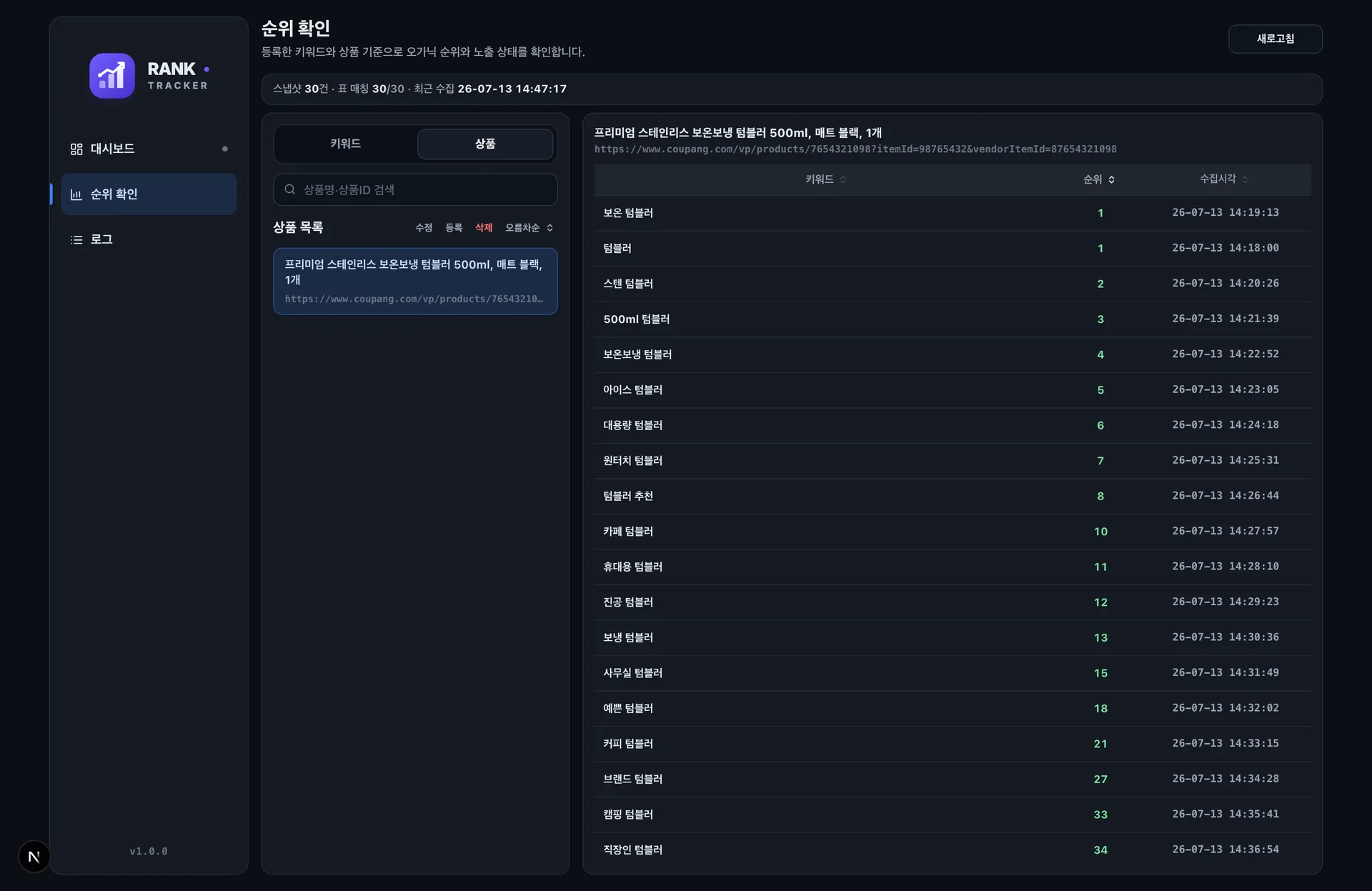 상품별 키워드 오가닉 순위를 정리한 순위 확인 화면