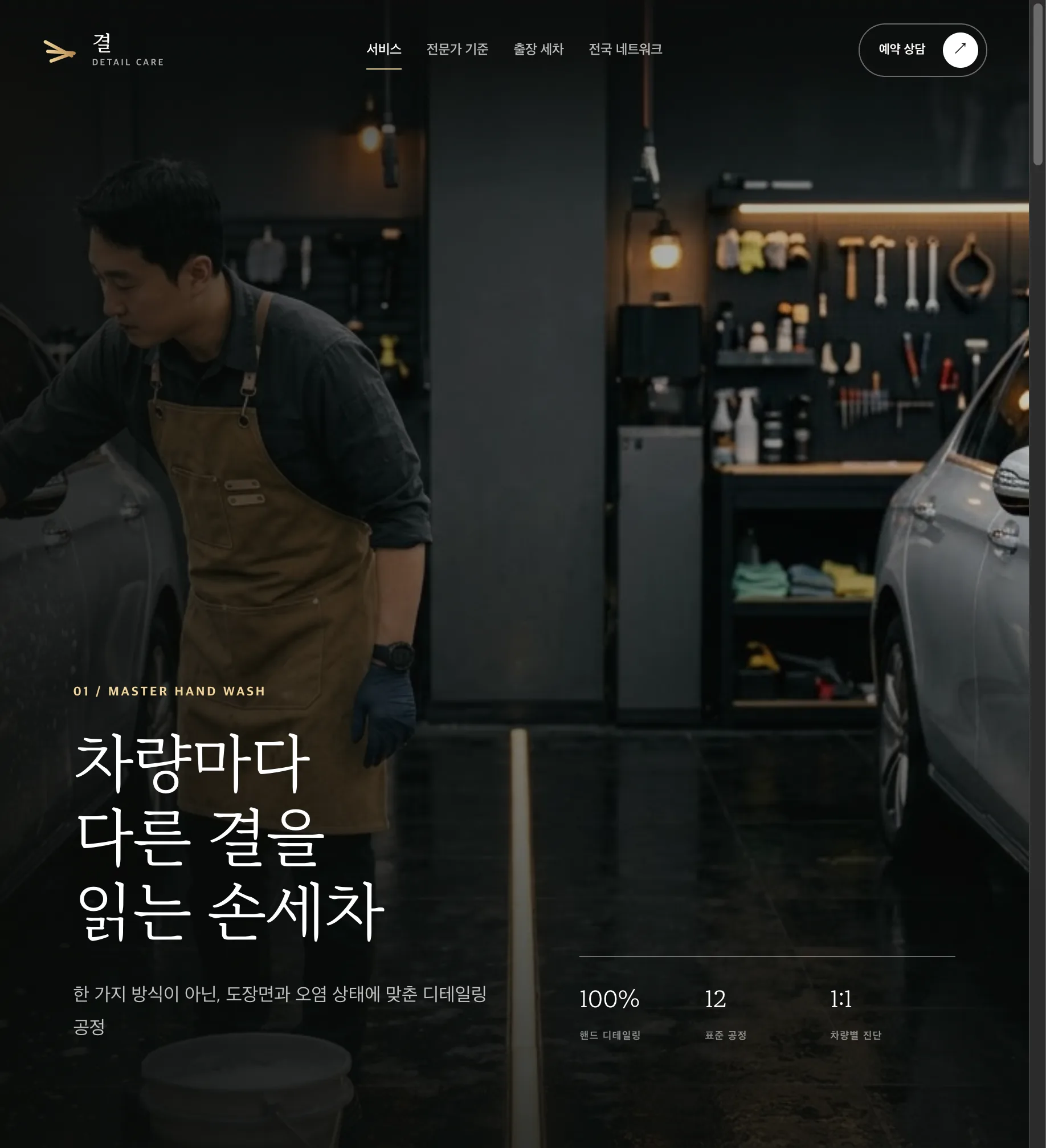The GYEOL DETAIL CARE service page describing hand-wash process and service menu
