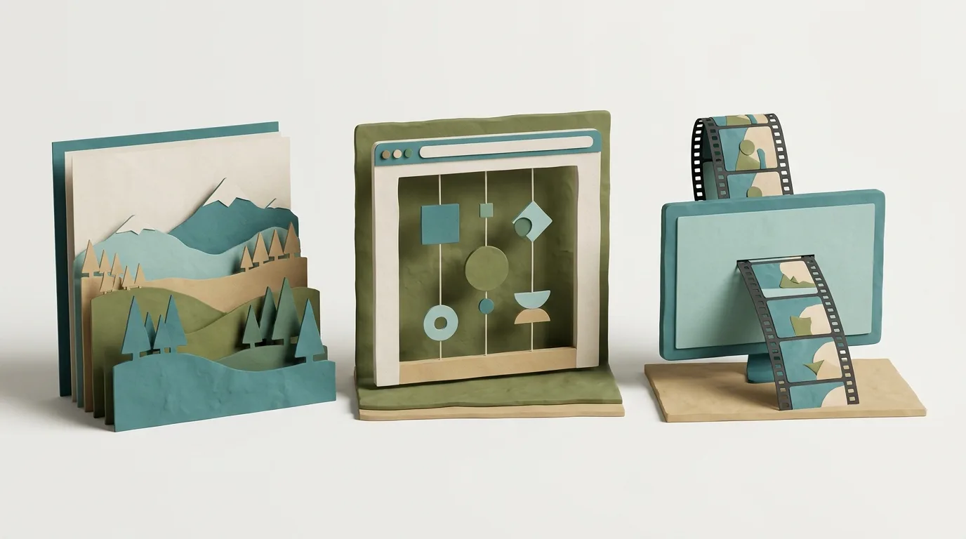 Three physical models of scroll engines: layered parallax, a pinned stage, and a canvas fed by a filmstrip