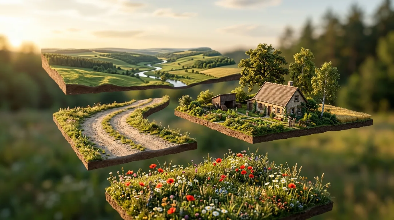 Exploded miniature of a field, house and hills pulled apart into depth layers
