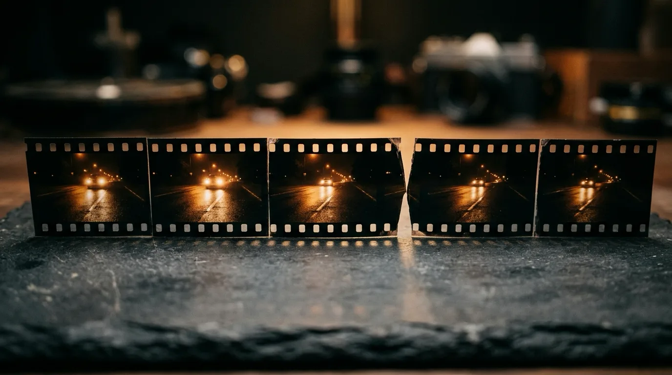 Five film strips chained on a table, one joint visibly mismatched