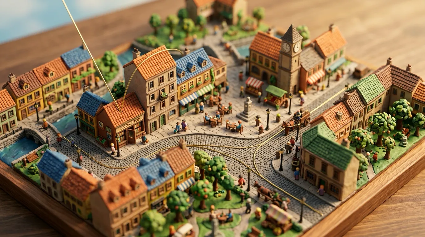 Isometric clay city with two gold camera paths: a dive-and-hop and a continuous forward glide
